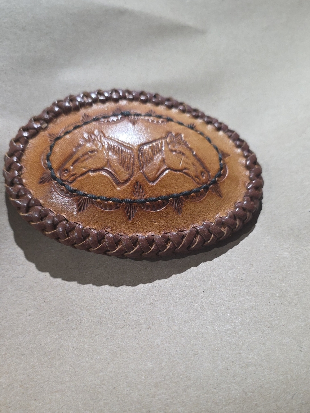 Handcrafted Brown Leather Belt Buckle with Horse Motif